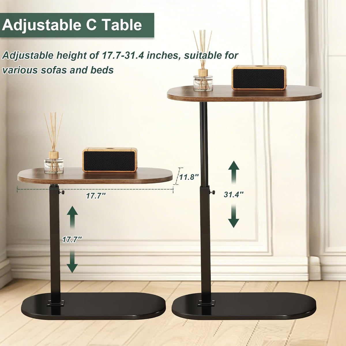 C Shaped End Table Adjustable Height, 360°Swivel Couch Table That Slide Under, Mobile C Shaped Side Table for Bed and Sofa, Rotating C Small Coffee Tables for Small Spaces (Walnut)