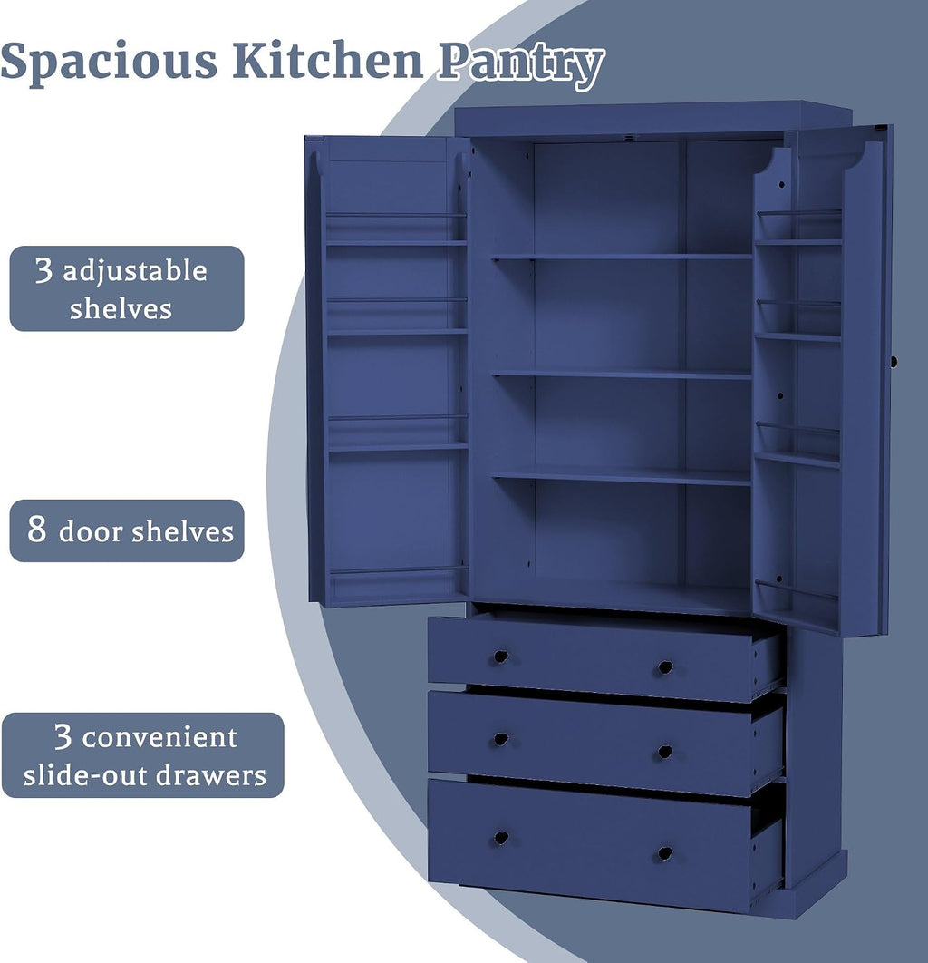 77" Tall Farmhouse Kitchen Pantry Cabinet, Freestanding Food Storage Cupboard with 3 Adjustable Shelves, 8 Door Shelves & 3 Drawers for Kitchen & Dining Room, Blue