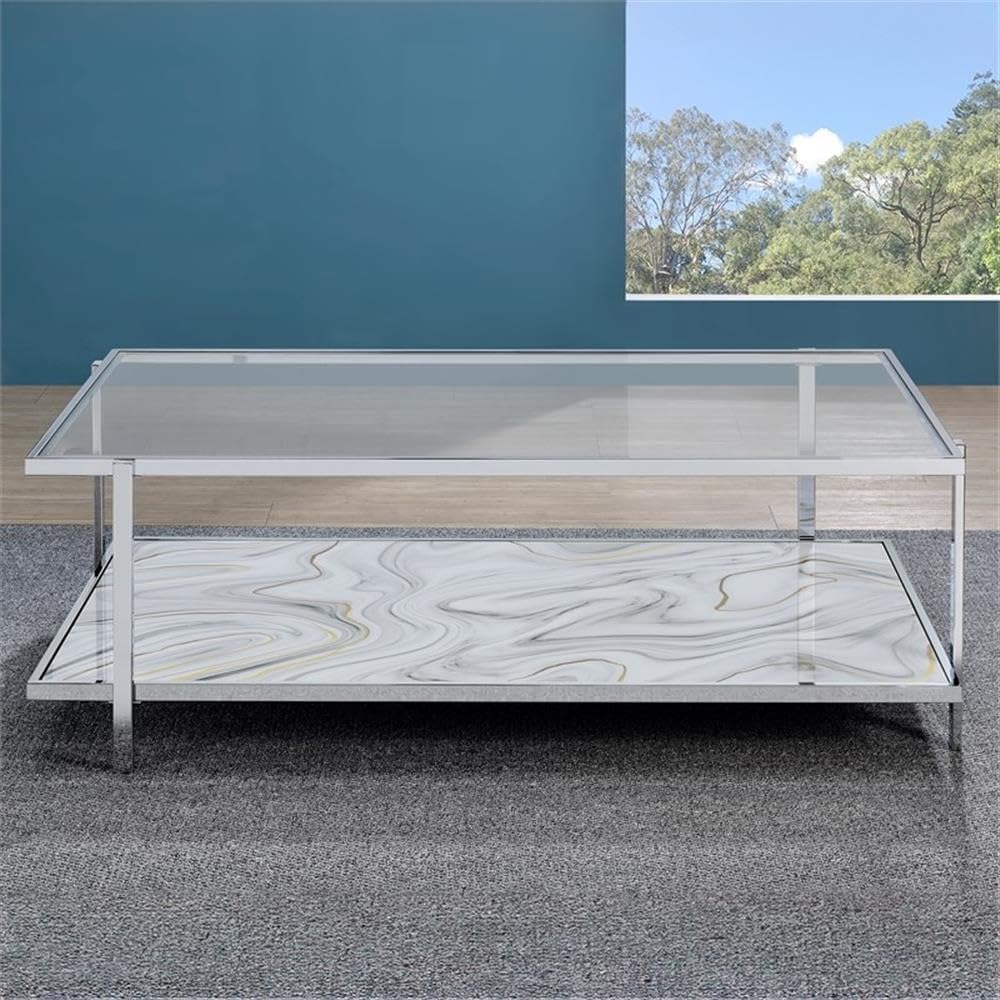 Pemberly Row Contemporary 3-Piece Coffee & End Table Set, Engineered Wood and Chrome, Tempered Glass Tops, Faux-Stone Pattern, Living Room Furniture Set with Storage Shelves