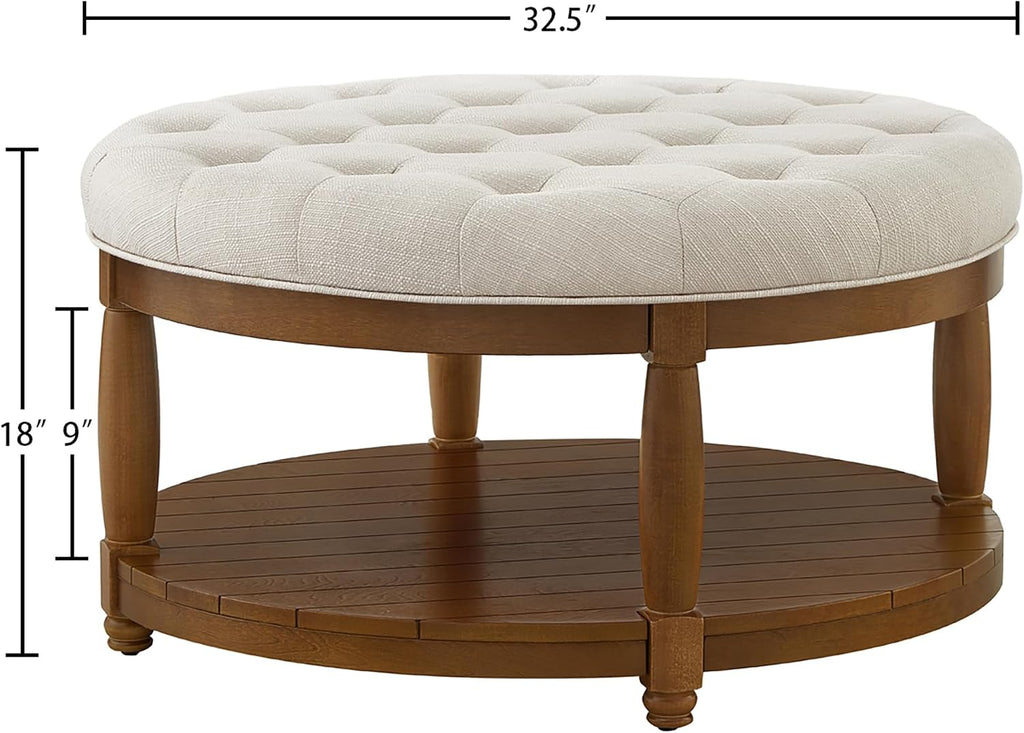 RENSGO 32.5" Large Round Upholstered Tufted Linen Ottoman Coffee Table, Large Footrest Ottoman with Wood Shelf Storage- Ivory