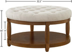 RENSGO 32.5" Large Round Upholstered Tufted Linen Ottoman Coffee Table, Large Footrest Ottoman with Wood Shelf Storage- Ivory