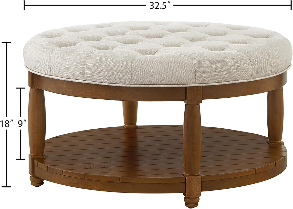 RENSGO 32.5" Large Round Upholstered Tufted Linen Ottoman Coffee Table, Large Footrest Ottoman with Wood Shelf Storage- Ivory