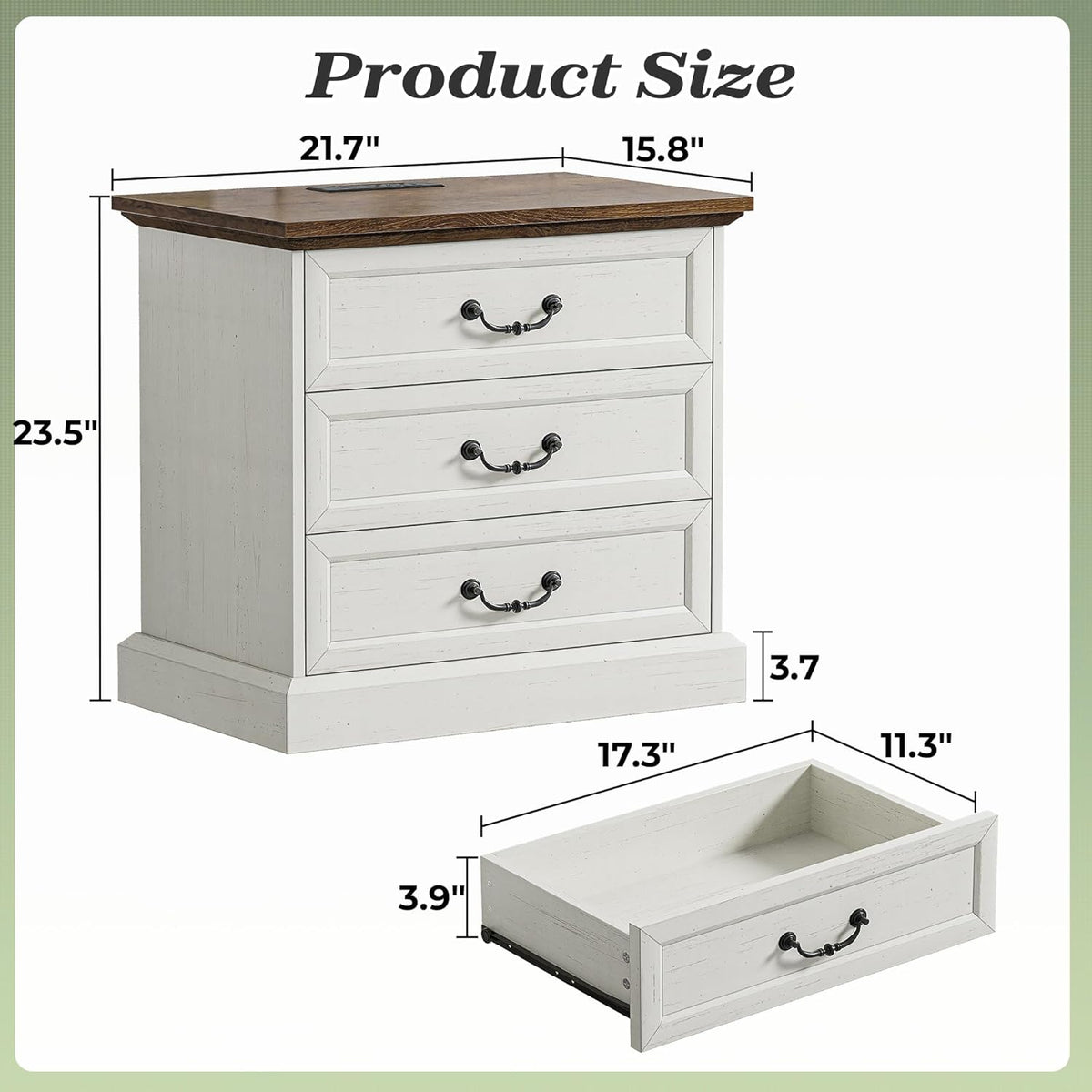 Huuger Nightstand with Charging Station, 3 Drawer Night Stand Set of 2, 22 Inch Wider Side Table with Storage, Farmhouse Nightstand with Vintage Handles, Thicken Base, for Bedroom, Distressed White