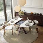 POVISON Modern Extendable Dining Table, 47" to 63" Round to Oval Sintered Stone Kitchen Table with Carbon Steel Pedestal Base for 4-6, White with Bronze(Table Only