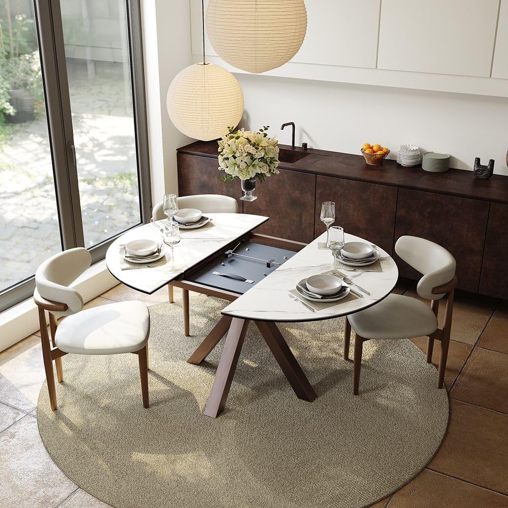 POVISON Modern Extendable Dining Table, 47" to 63" Round to Oval Sintered Stone Kitchen Table with Carbon Steel Pedestal Base for 4-6, White with Bronze(Table Only