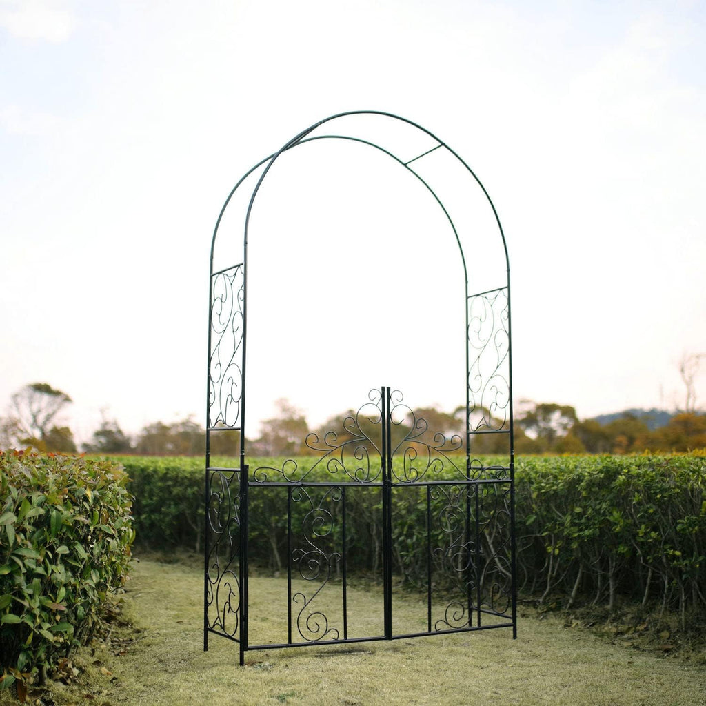 Steel 7'5'' High x 4'2'' Wide Garden Arch with Gate, Garden Arbor for Various Climbing Plant, Outdoor Garden Lawn Backyard