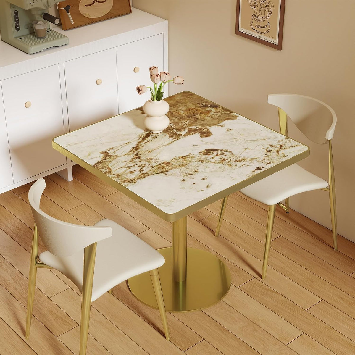 31.5 Inch Square Tulip Table with Thickened Sintered Stone Tabletop & Golden Metal Pedestal, Small Dining Table Bistro Table for Diner, Bar, Restaurant, Café, Bakery, Apartment (Amber Vein)