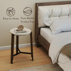 Modern White Round End Table, Side Table with Faux Marble Texture Top Industrial Nightstand Beside Accent Table with Wood Legs for Living Room Bedroom Small Space, Easy Assembly