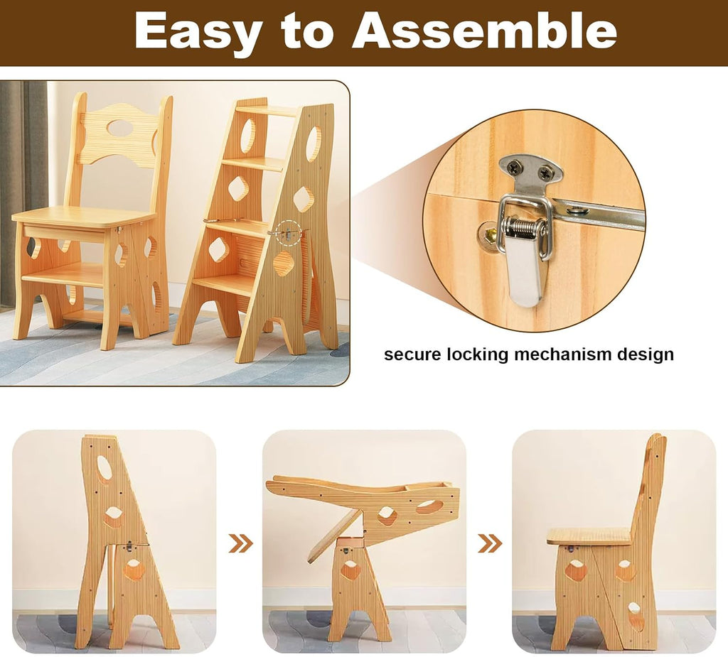 4 Step Foot Stool Chair 3 in 1 Wooden Library Ladder Solid Folding Portable Wood Display Stand Flower Rack Indoor Stepladder Shoe Bench for Home, Library, Kitchen, Office