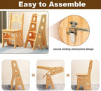 4 Step Foot Stool Chair 3 in 1 Wooden Library Ladder Solid Folding Portable Wood Display Stand Flower Rack Indoor Stepladder Shoe Bench for Home, Library, Kitchen, Office