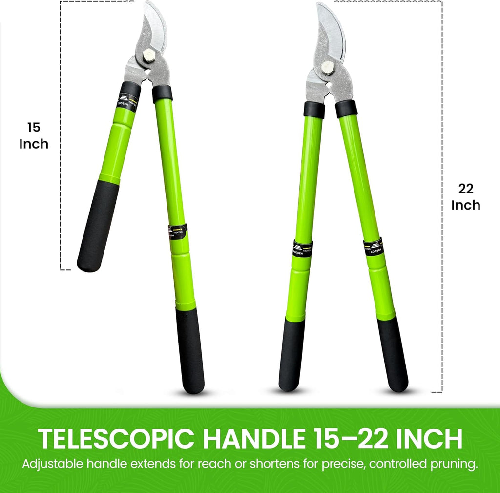 Garden Guru Bypass Loppers Tree Trimmer Clipper w/Telescopic Handle 15–22" - High Carbon Steel Blade Gardening Loppers Pruning Shear - Comfort Grip Handles – Branch Cutter – Cut Thick Branches w Ease
