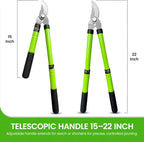Garden Guru Bypass Loppers Tree Trimmer Clipper w/Telescopic Handle 15–22" - High Carbon Steel Blade Gardening Loppers Pruning Shear - Comfort Grip Handles – Branch Cutter – Cut Thick Branches w Ease