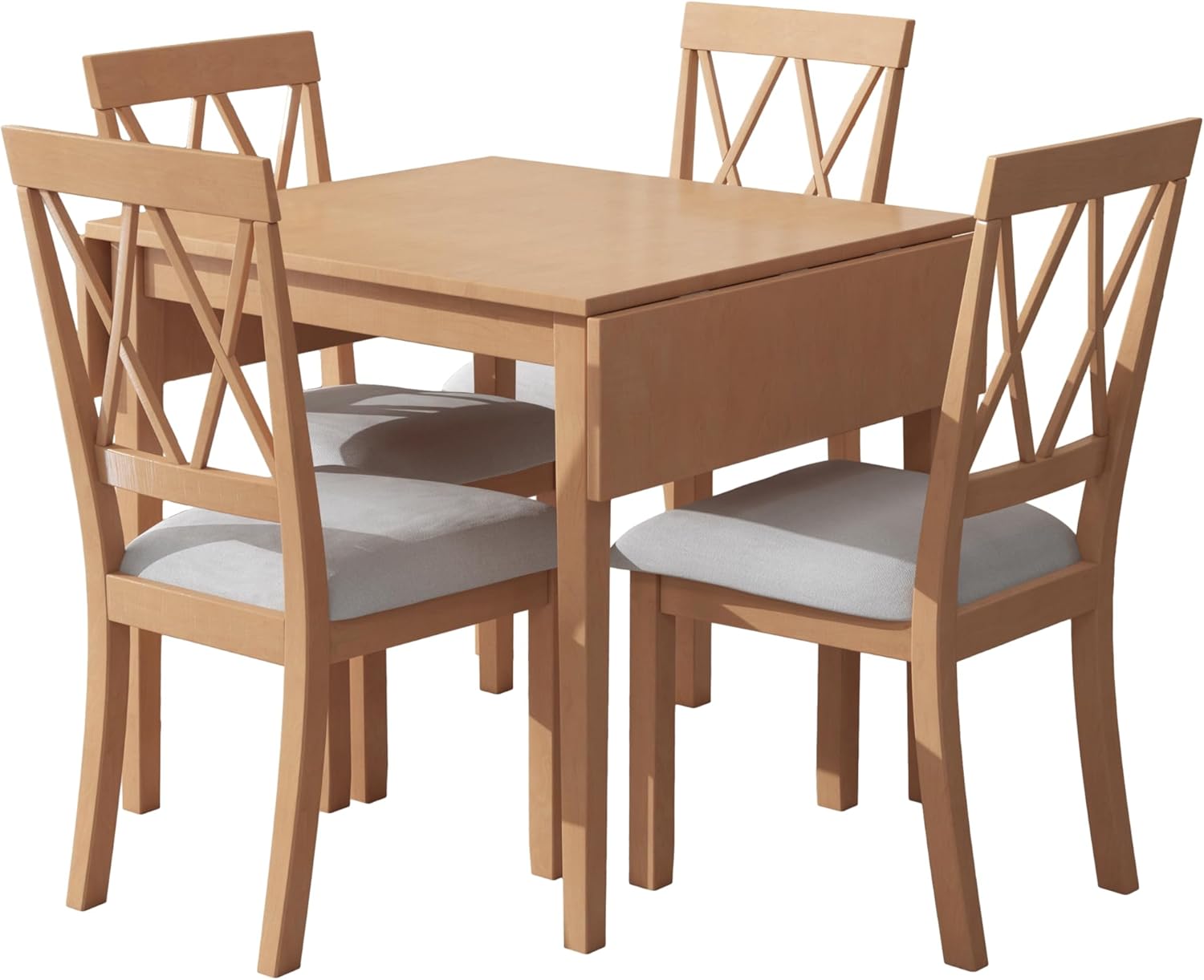 P PURLOVE 5 Piece Kitchen Dining Set, Wood Dining Table Set with Drop Leaf Dining Table and 4 Dining Upholstered Chairs, Dining Room Set for Small Places, Natural