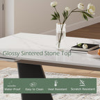 Modern Expandable Dining Table - 63" to 95" Extendable Dining Room Table for 6-12, Glossy White Sintered Stone Top with Black Carbon Steel Base, Easy Assembly Kitchen Table Only