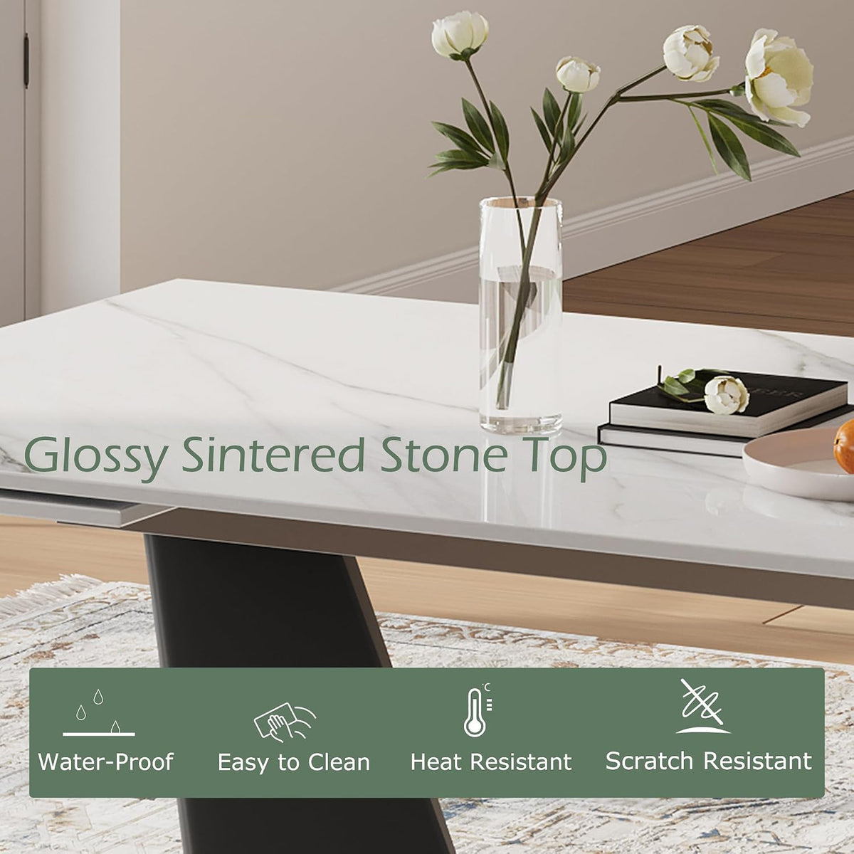 Modern Expandable Dining Table - 63" to 95" Extendable Dining Room Table for 6-12, Glossy White Sintered Stone Top with Black Carbon Steel Base, Easy Assembly Kitchen Table Only