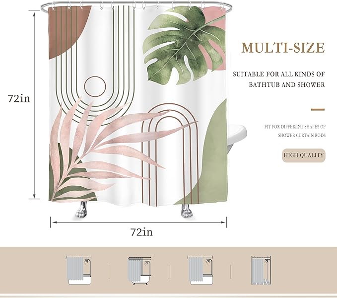 Glawry Abstract Tropical Shower Curtain Chic Boho Plant Palm Leaf Watercolor Pink Green Simple Minimalist Bathroom Modern Botanical 72Wx72L Inches Bath Accessories Art Home Decor Fabric 12 Pack Hooks