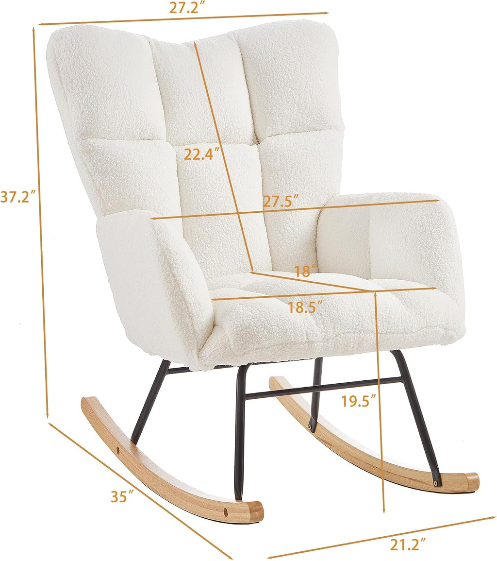 37.2" H Glider Rocking Chair Upholstered with Teddy Fabric, Indoor Rocking Chair with Armrests & Metal Frame (Ivory)