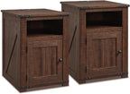 Farmhouse Night Stands Set of 2, 20" End Table w/Charging Station, Rustic Wood Bedside Table w/Groove Barn Door, Side Table with Storage w/Open & Adjustable Shelf for Bedroom, Living Room (Brown)