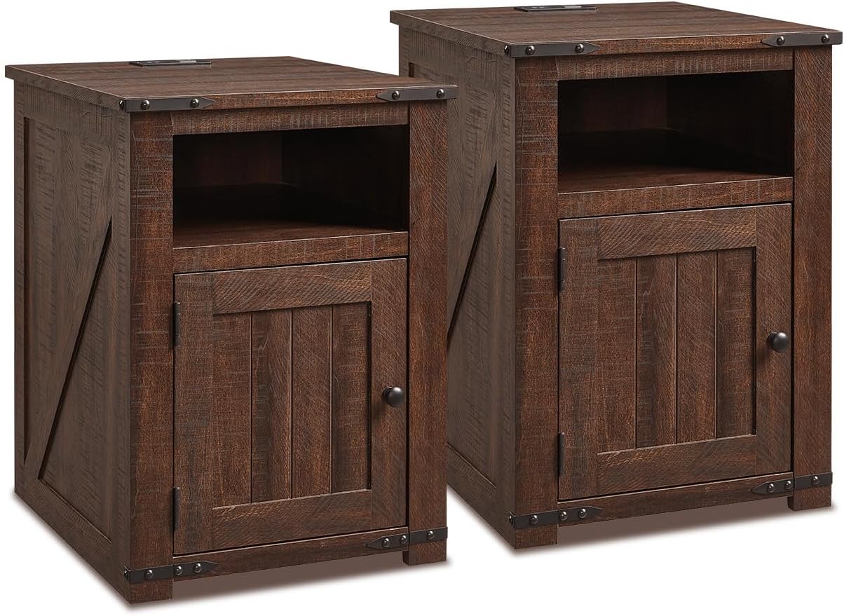 Farmhouse Night Stands Set of 2, 20" End Table w/Charging Station, Rustic Wood Bedside Table w/Groove Barn Door, Side Table with Storage w/Open & Adjustable Shelf for Bedroom, Living Room (Brown)