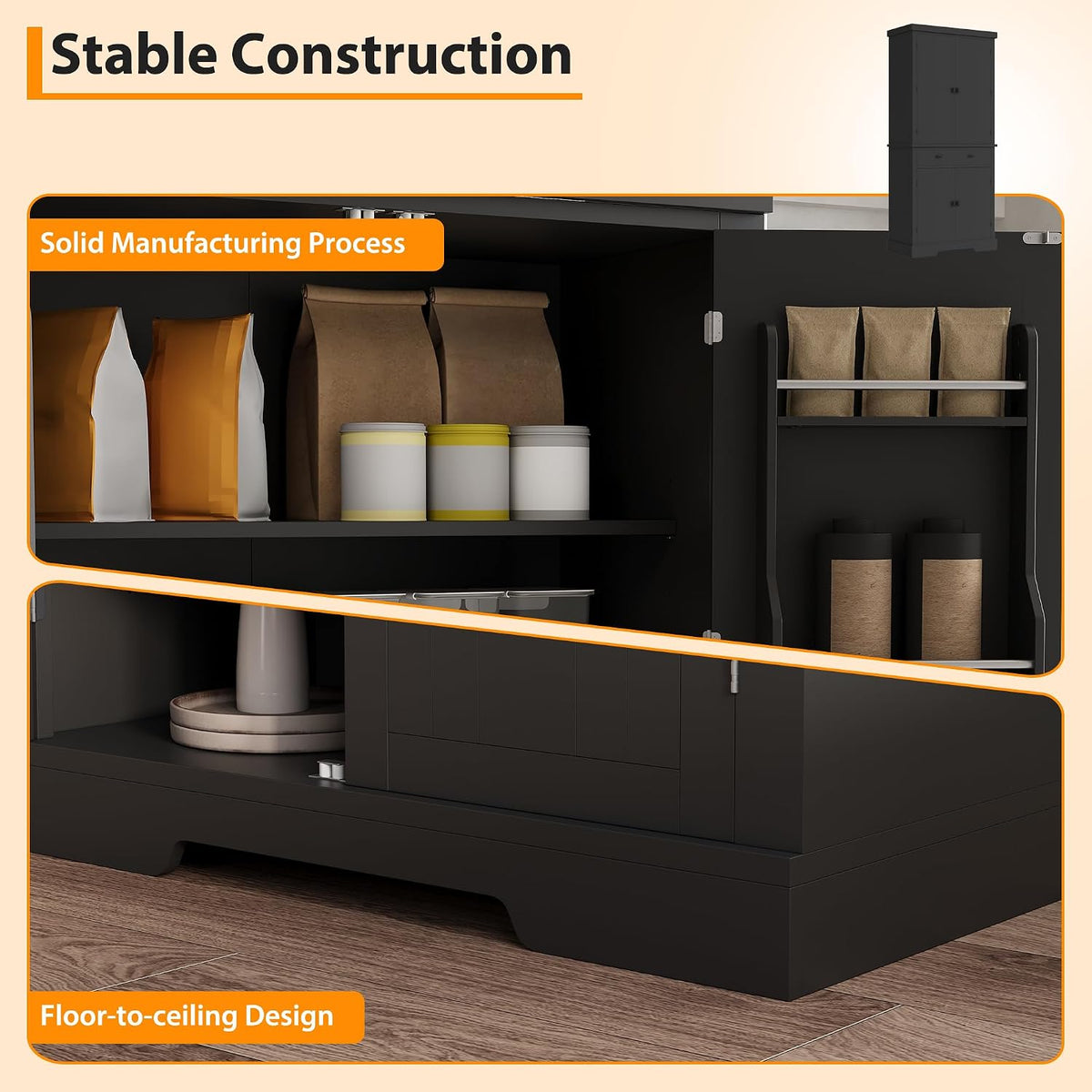 IDEALHOUSE 72" Kitchen Pantry Cabinet with Drawer, Doors and Shelves, Wood Farmhouse Storage Cabinet, Large Storage Cupboard for Living Room, Dining Room(Black)
