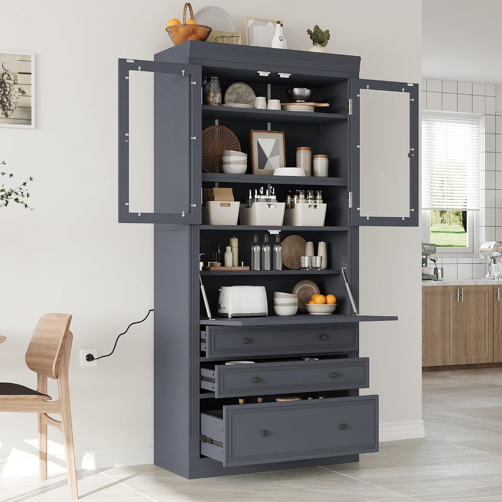 JIJIWANG 78" Tall Freestanding Kitchen Pantry Storage Cabinet,Multifunctional Cupboard with 3 Drawers,Adjustable Shelves and Power Outlet for Office, Kitchen,Dining Room,Grey