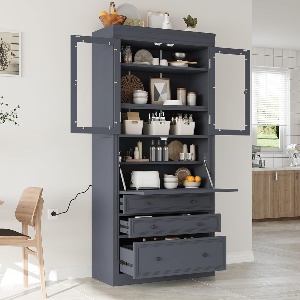 JIJIWANG 78" Tall Freestanding Kitchen Pantry Storage Cabinet,Multifunctional Cupboard with 3 Drawers,Adjustable Shelves and Power Outlet for Office, Kitchen,Dining Room,Grey