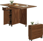 3imothrix Folding Dining Table, Dinner Table with Drawer and Storage and Shelves, Space Saving Dining Table with 6 Wheels, Kitchen Table for Small Spaces (Walnut)