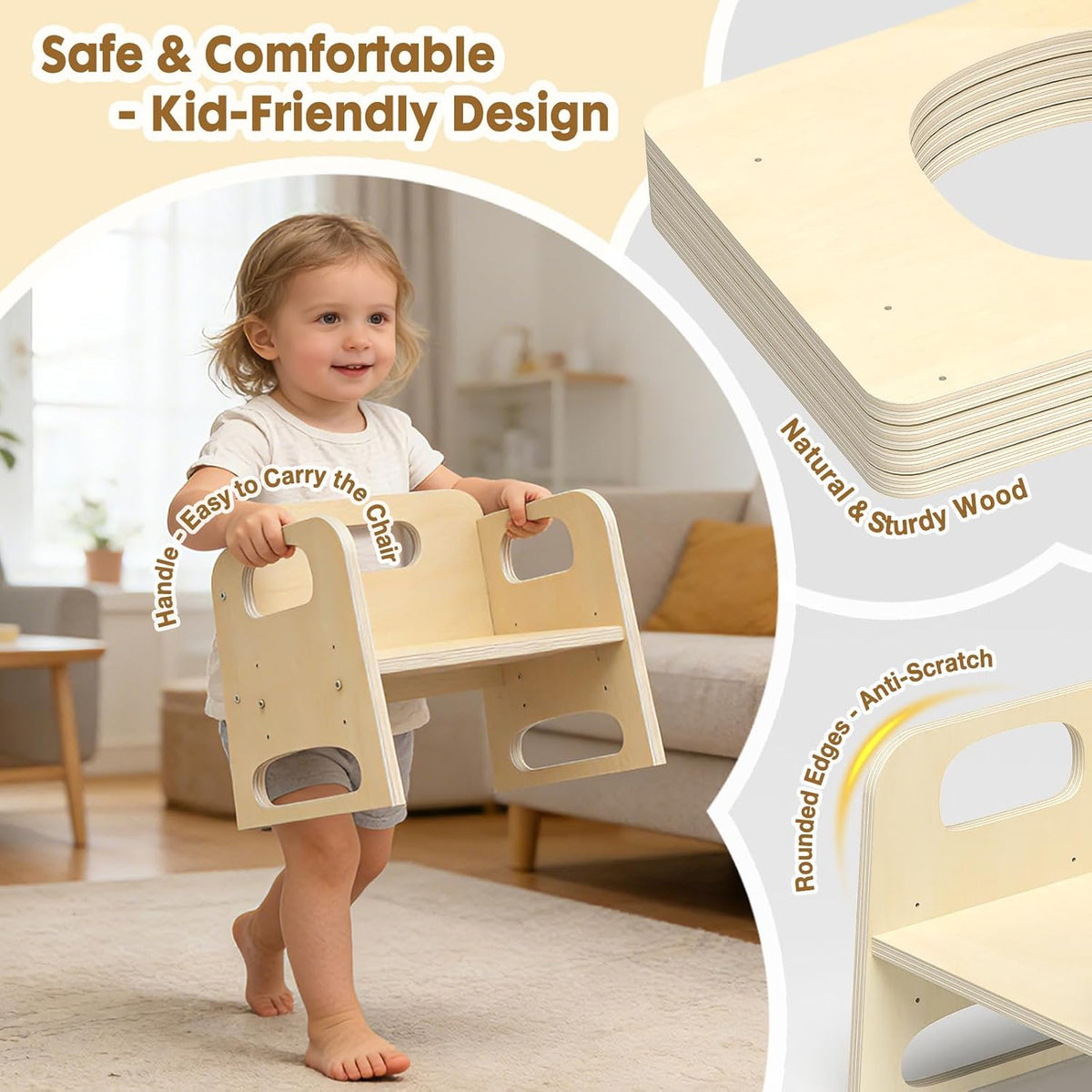 GVOO Montessori Weaning Table and Chair Set, 3 Adjustable Height Toddler Table and Chair Set, for Eating, Reading, Baby Proofing Design, Natural White