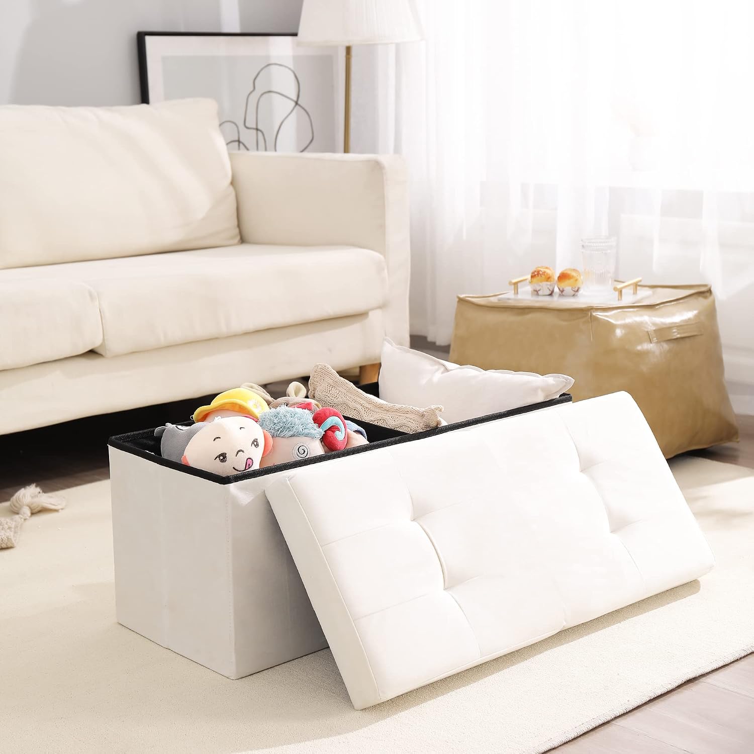 Storage Ottoman Bench Foldable Seat Footrest Shoe Bench End of Bed Storage with Flipping Lid, 75L Storage Space, 30 inches Velvet Cream