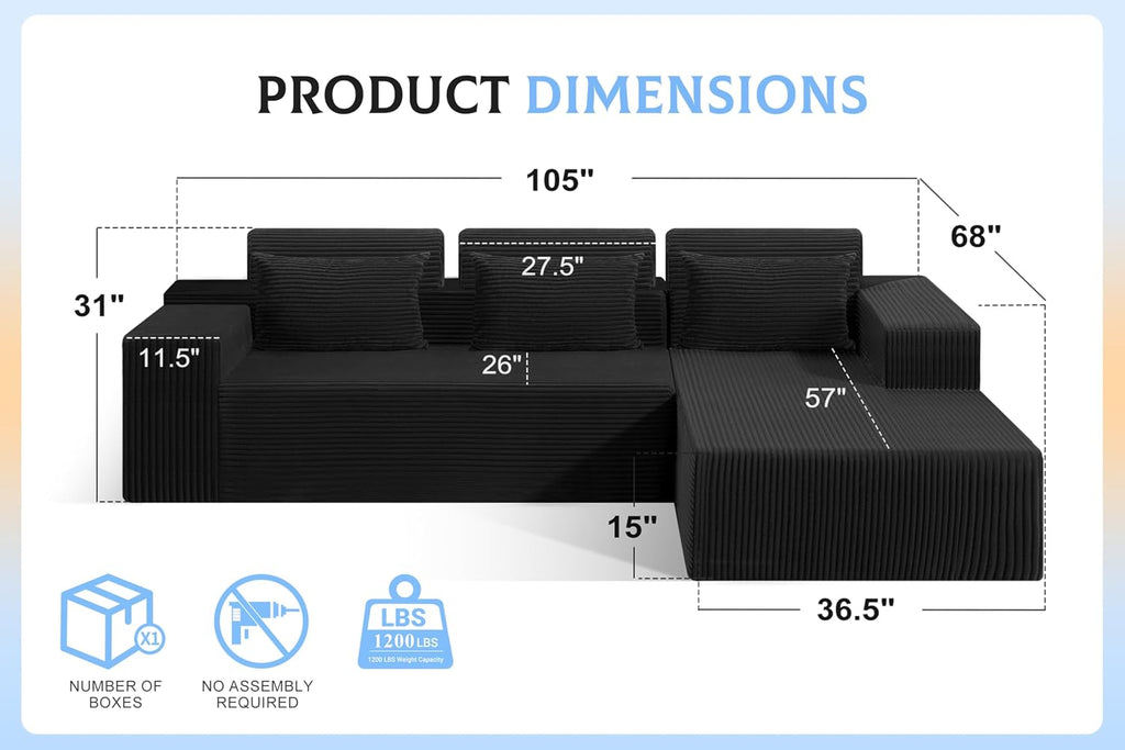 105" Modular Sectional Sofa for Living Room,Cloud Couch with L-Shape Chaise | Couch with Deep Seat, Memory Foam Cloud Sectional Couch, No Assembly, Luxury Velvet (Black, Right)