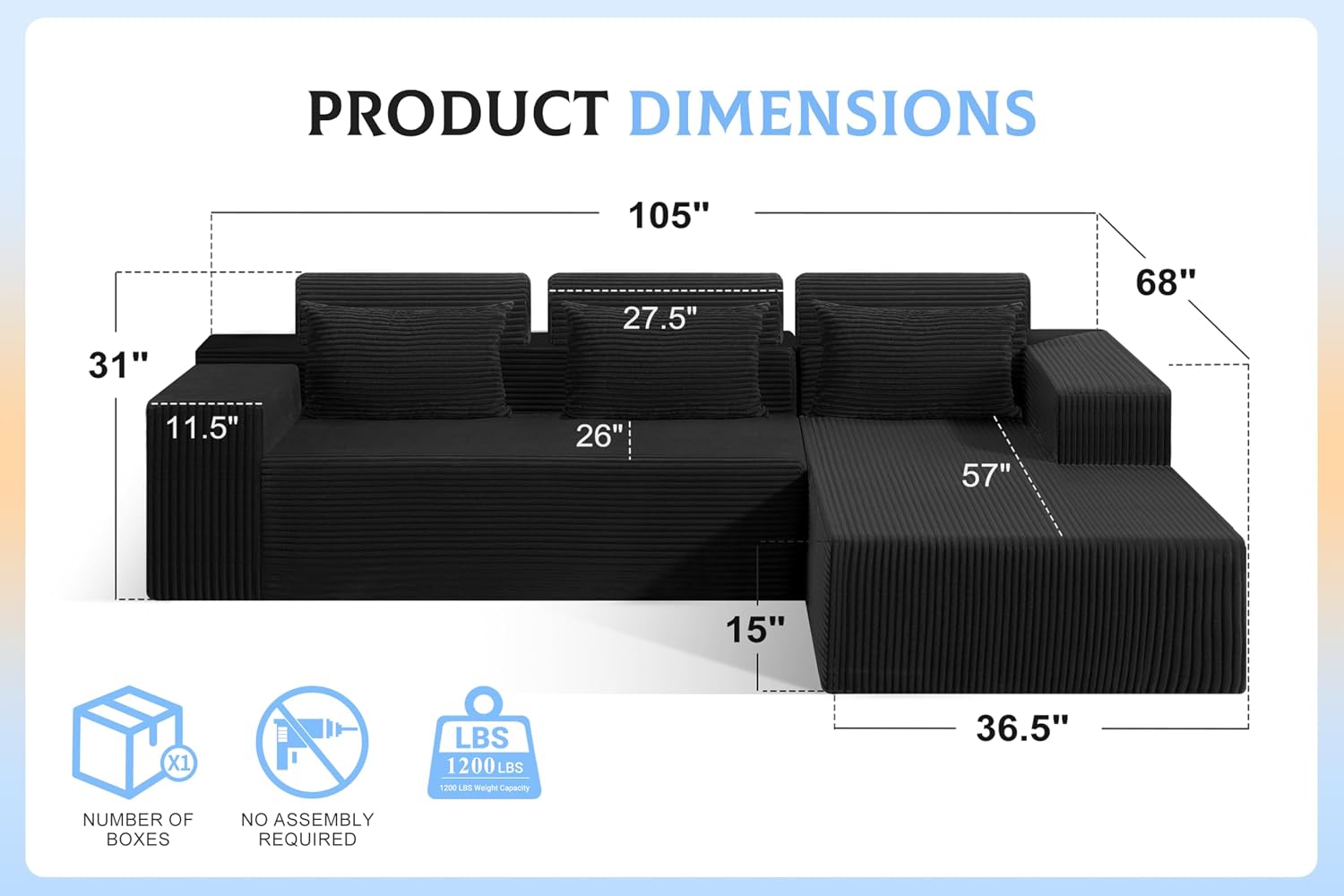105" Modular Sectional Sofa for Living Room,Cloud Couch with L-Shape Chaise | Couch with Deep Seat, Memory Foam Cloud Sectional Couch, No Assembly, Luxury Velvet (Black, Right)