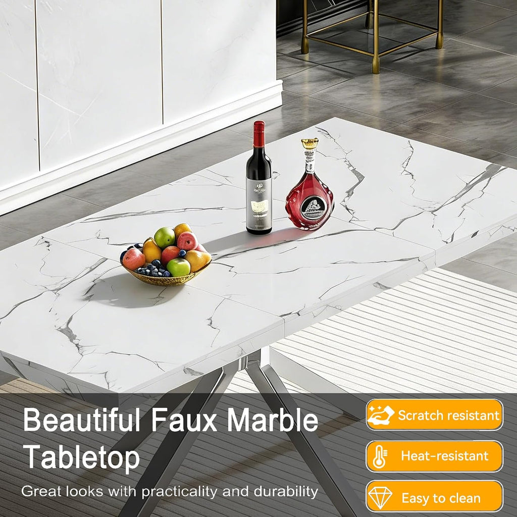 Faux Marble Dining Table Set for 6, Modern Kitchen Table Chairs Set 6, 70" Faux Marble Table with Silver Stainless Steel Leg, 6 Black Leather Chairs, 7 Piece Dining Set for Kitchen Living Dining Room