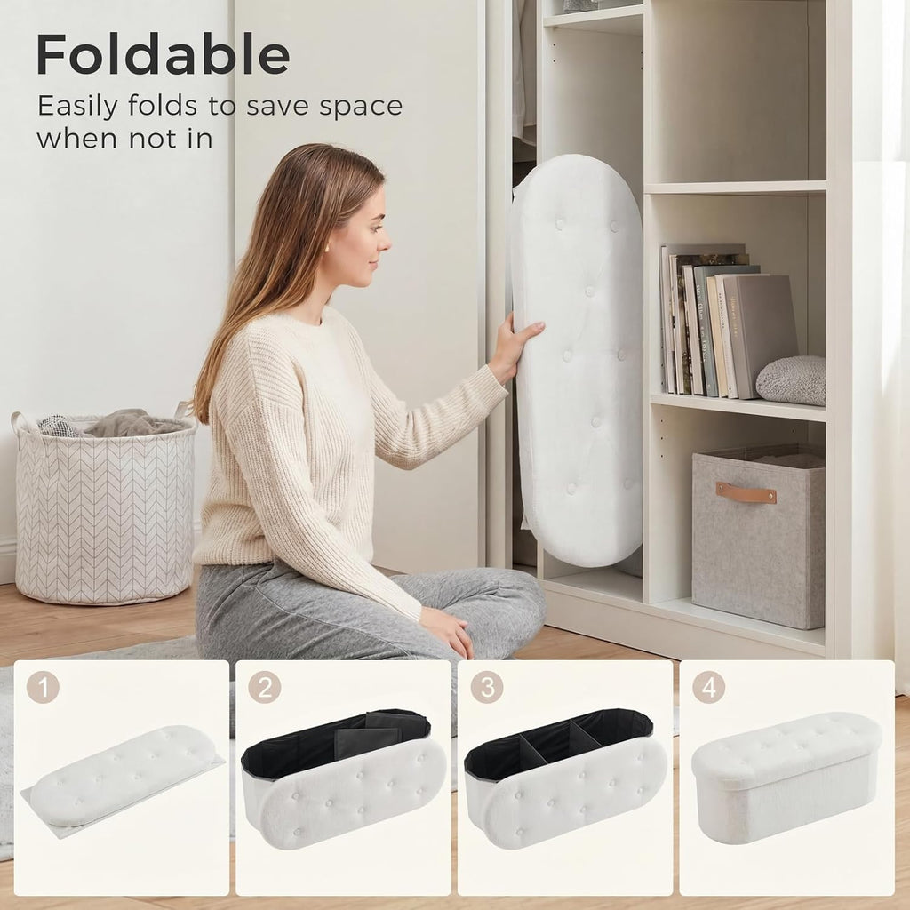 DUMOS Ottoman Bench End of Bed, 43 Inch Ottoman with Storage, Foot Rest Bench Stool with Cushion, Oval Round Folding Storage Chest for Bedroom, Living Room, Entryway, Dorm, Teddy Fabric, White