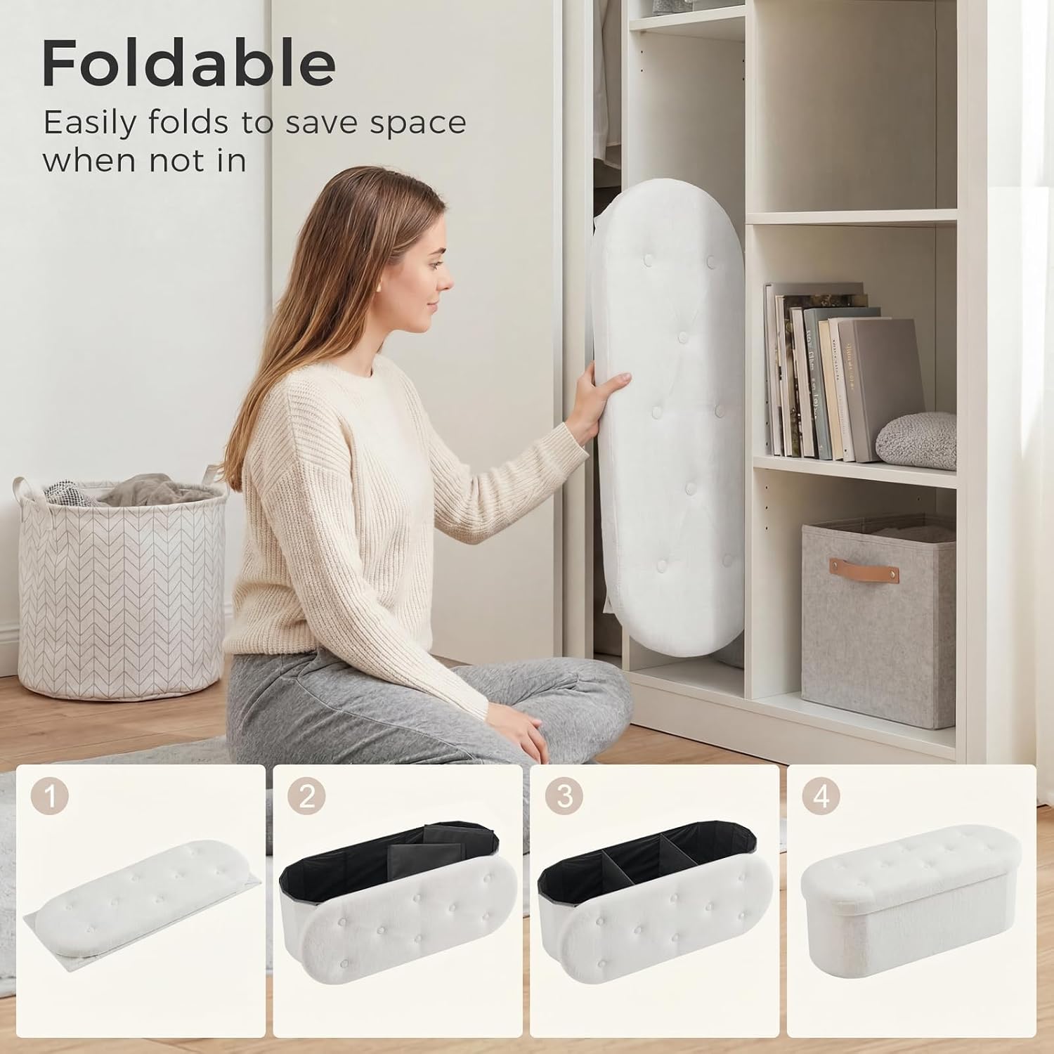 DUMOS Ottoman Bench End of Bed, 43 Inch Ottoman with Storage, Foot Rest Bench Stool with Cushion, Oval Round Folding Storage Chest for Bedroom, Living Room, Entryway, Dorm, Teddy Fabric, White