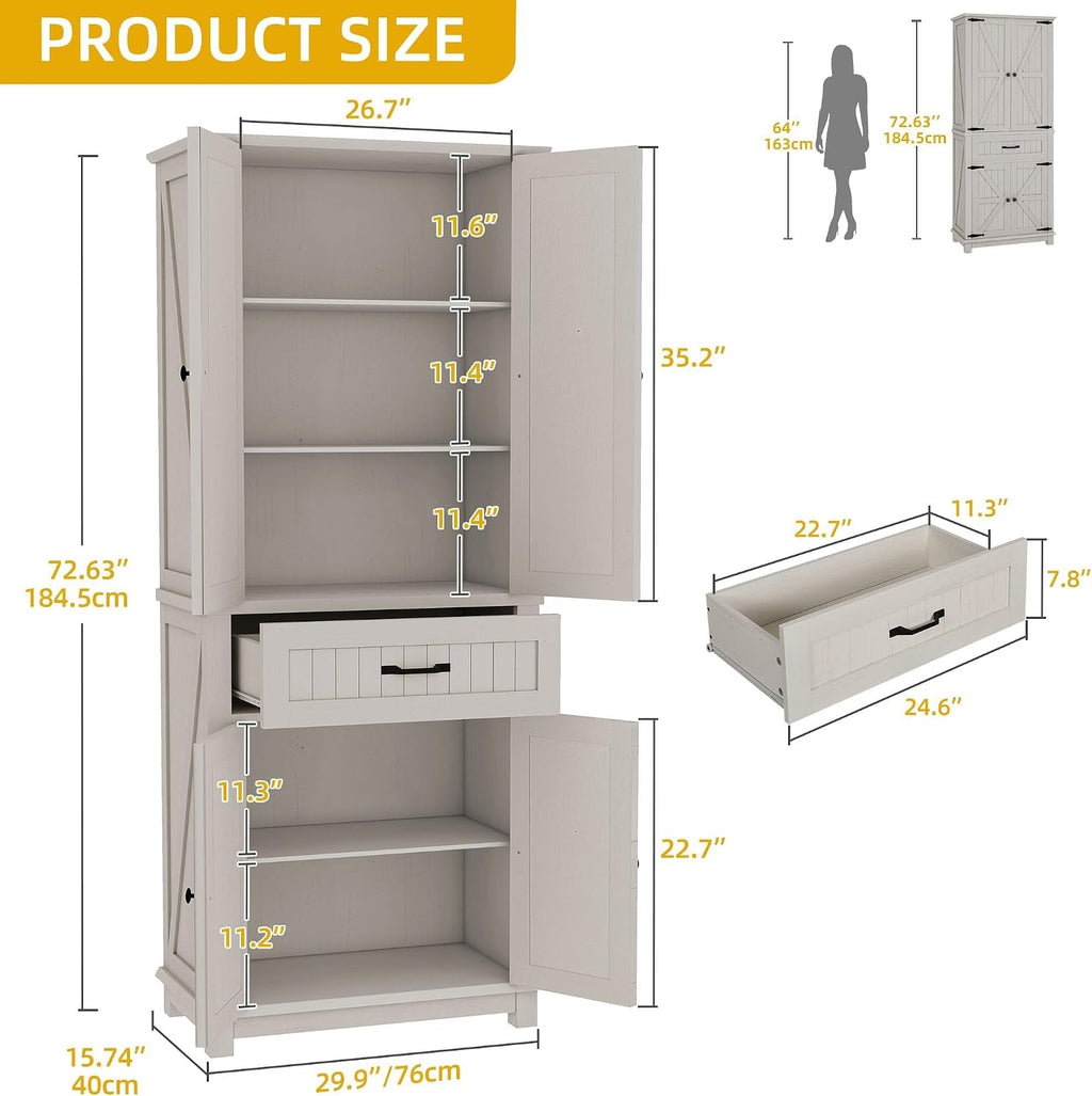 DWVO 72" Tall Farmhouse Pantry Cabinet, Kitchen Storage Pantry with Barn Doors & Drawer, Versatile Organizer with Adjustable Shelves, Rustic Cupboard for Dining Room, Living Room, White Oak | Tall Farmhouse Kitchen Pantry Cabinet, Kitchen Cupboard