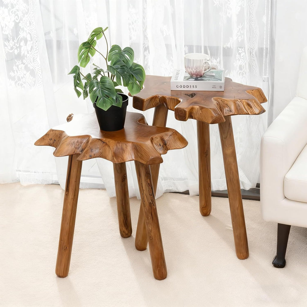 Natural Teak Wood Live Edge Side Table with Wood Legs – Rustic Side Table for Living Room, Bedroom – Sturdy Real Teak Wood End Table, Easy to Assemble (14"x16"x20" +18"x20"x20")