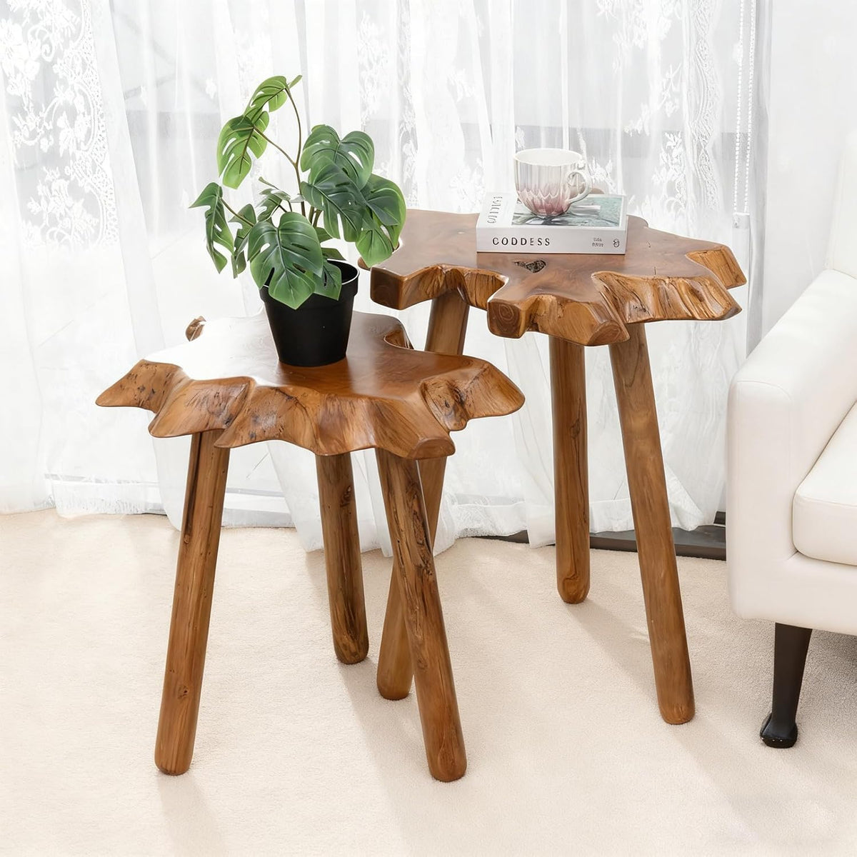 Natural Teak Wood Live Edge Side Table with Wood Legs – Rustic Side Table for Living Room, Bedroom – Sturdy Real Teak Wood End Table, Easy to Assemble (14"x16"x20" +18"x20"x20")