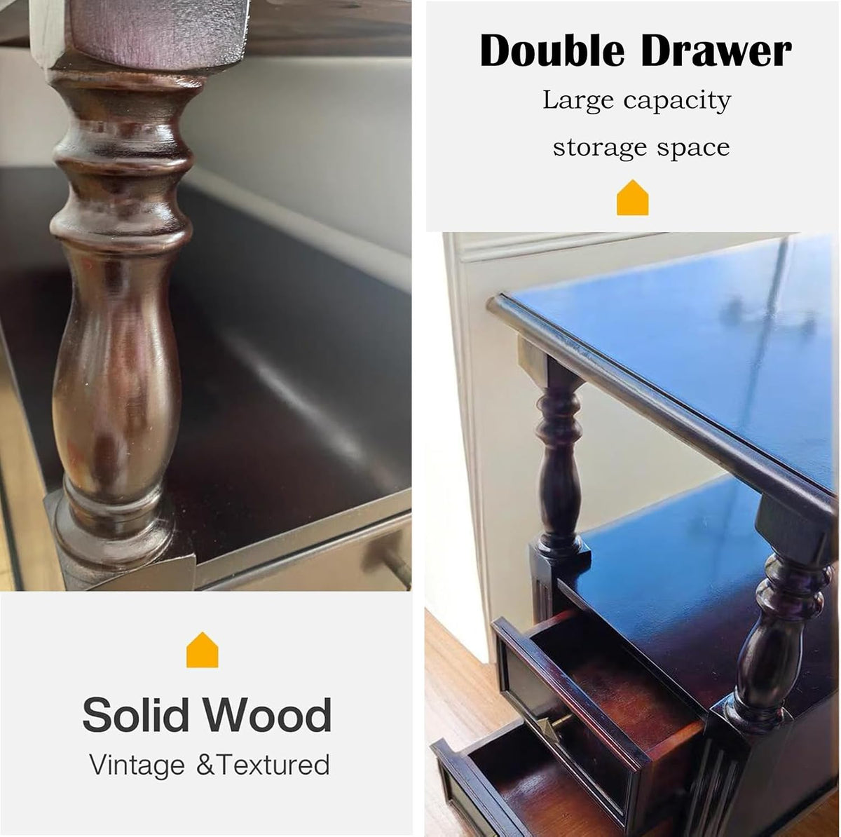 YUNMUARY-Solid Wood End Table with 2 Drawer Mid-Century Nightstand Narrow Side Tables with Storage Dark Walnut Side Tables for Living Room Small Space Sofa Side Table,Easy Assembly
