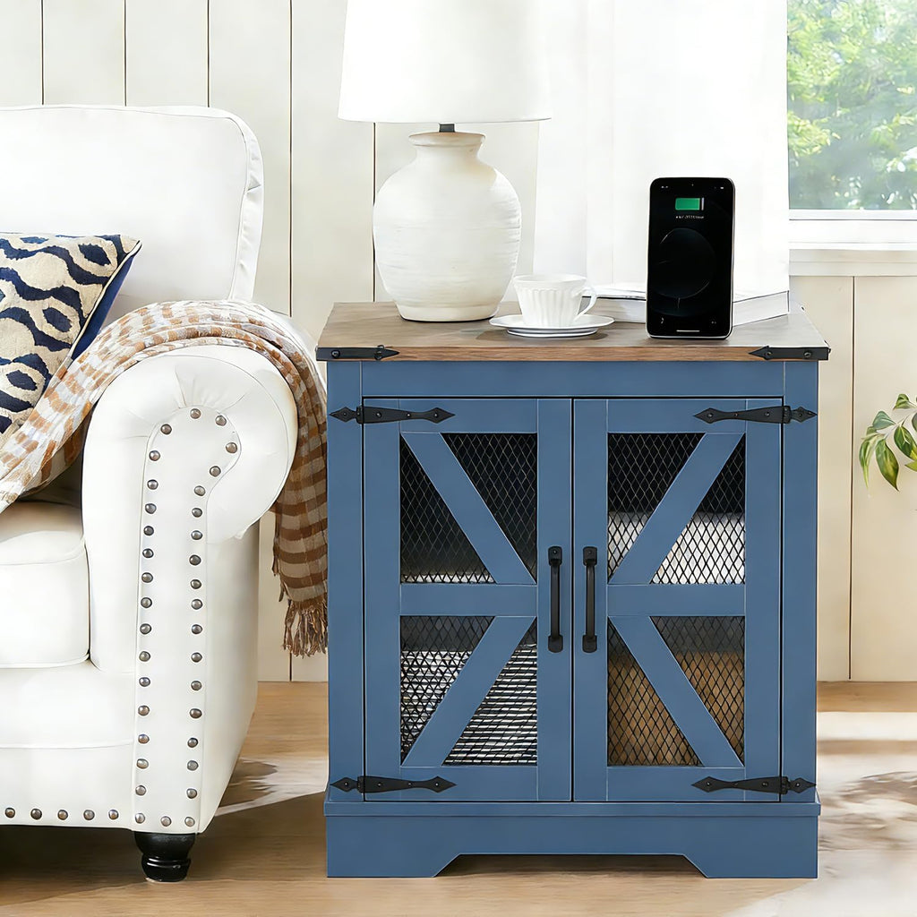 Farmhouse Coffee Table Set of 3, 1 Lift Top Coffee Table with Sliding Barn Doors and 2 End Tables with Charging Station, Living Room Table Set for Home Office, Blue