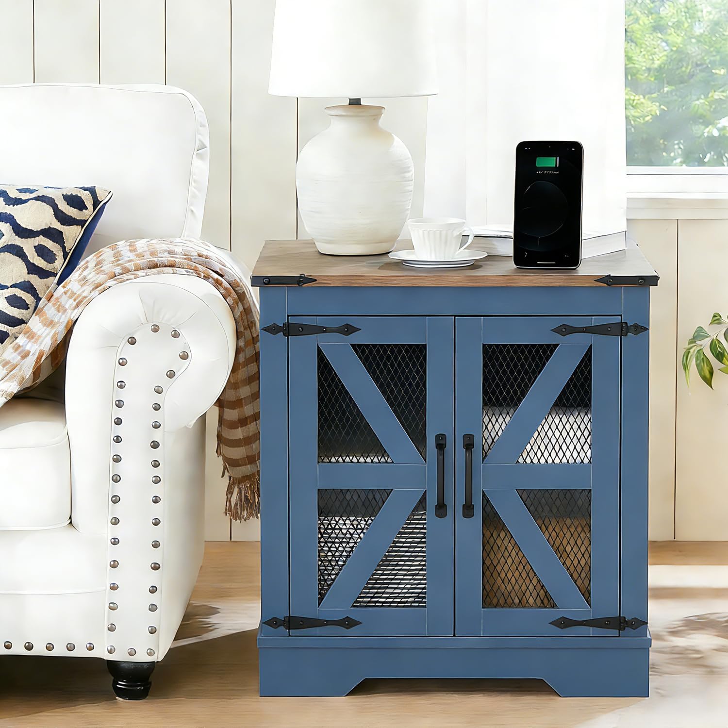 Farmhouse Coffee Table Set of 3, 1 Lift Top Coffee Table with Sliding Barn Doors and 2 End Tables with Charging Station, Living Room Table Set for Home Office, Blue