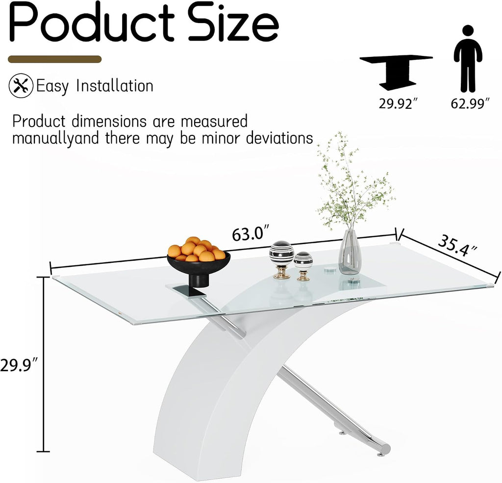 Rectangular Glass Dining Table for 4-6 People, 63" Clear Tempered Glass Desktop with X-Shape Stainless Steel Base, for Kitchen, Living Room, Office, Silver White