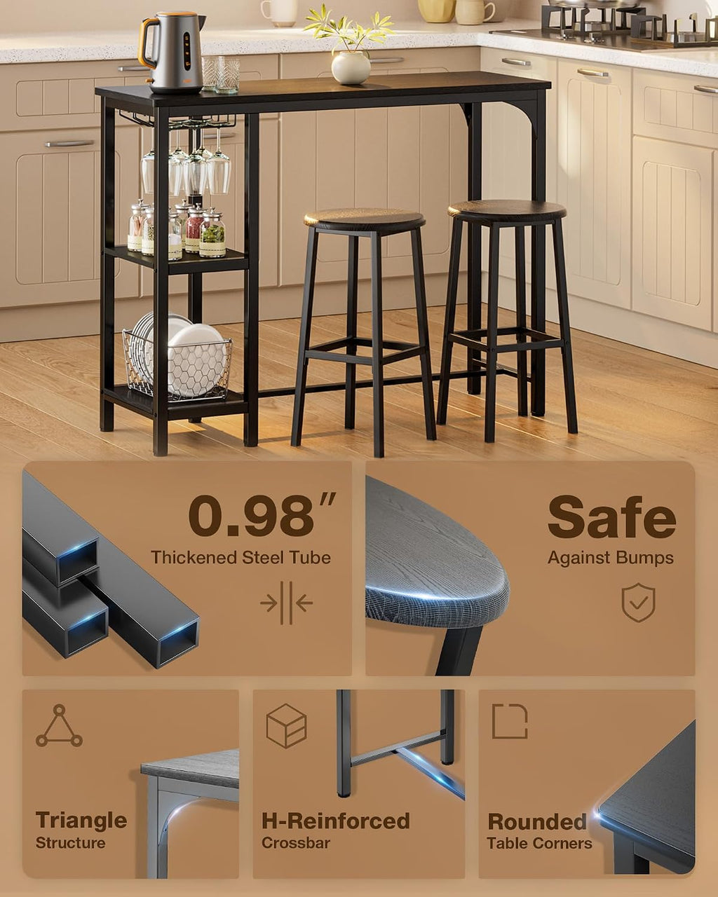 Qsun Small Bar Table Set for 2 | Kitchen Table for 2 with 2 Storage Shelves & Wine Glass Holder, Dining Table for Small Apartment, Dining Room