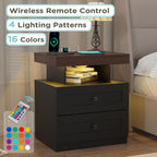 MHOM Farmhouse LED Nightstand Set of 2, Wood Bedroom Side Table with Charging Station, Rustic End Table with Drawers for Bedroom, Antique Black