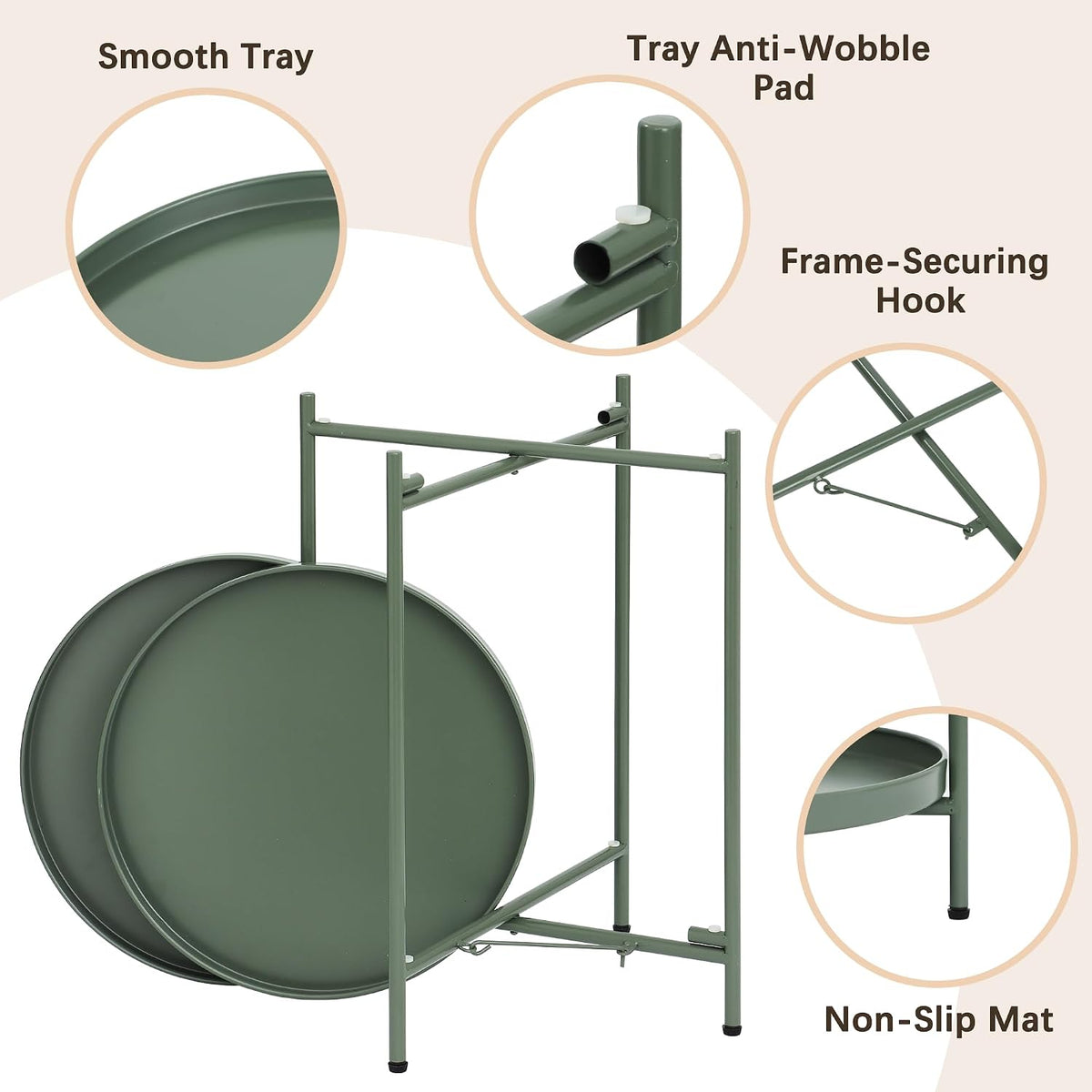 2-Tier Round End Side Table, Small Metal Side Table with Removable Tray, Folding Accent Tables for Living Room, Balcony, Nightstand for Bedroom, Outdoor Tables for Patio, Sage Green