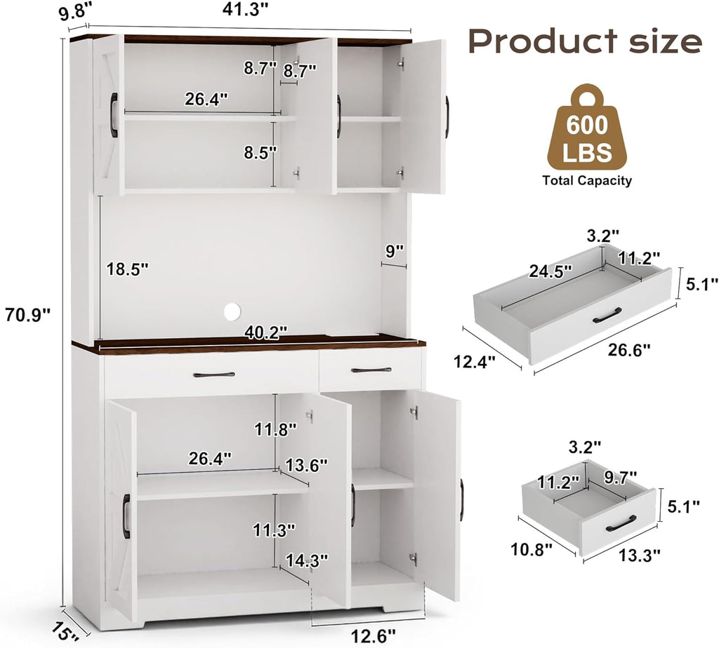 71" Kitchen Pantry Cabinet with Charging Station, Pantry Storage Cabinet Large Kitchen Hutch with Microwave Stand, Coffee Bar Station with Doors and Adjustable Shelves for Kitchen, White