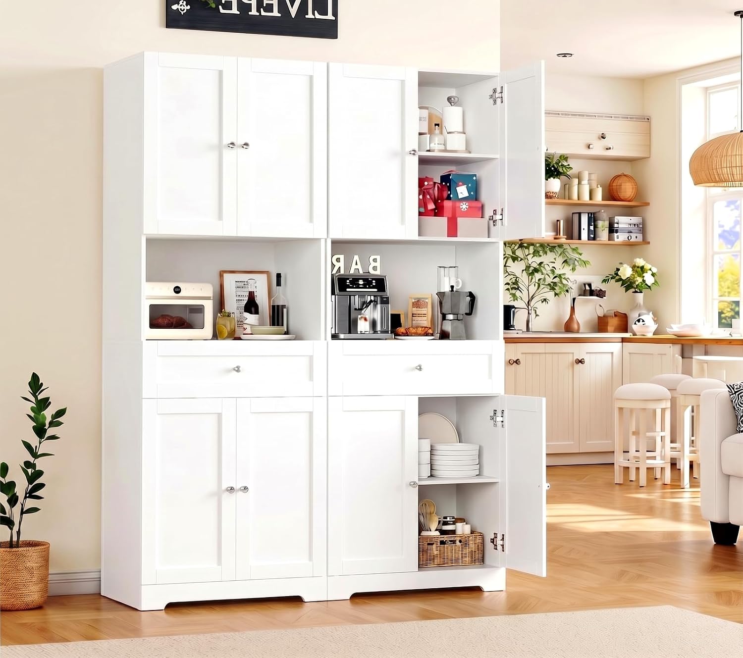 Set of 2 Tall Kitchen Pantry Storage Cabinet with Doors and Shelves, White | Modern Kitchen Hutch Cabinet with Storage Drawer & Bar Cabinet, 67” Cupboard Furniture Set for Kitchen and Dining Living Room