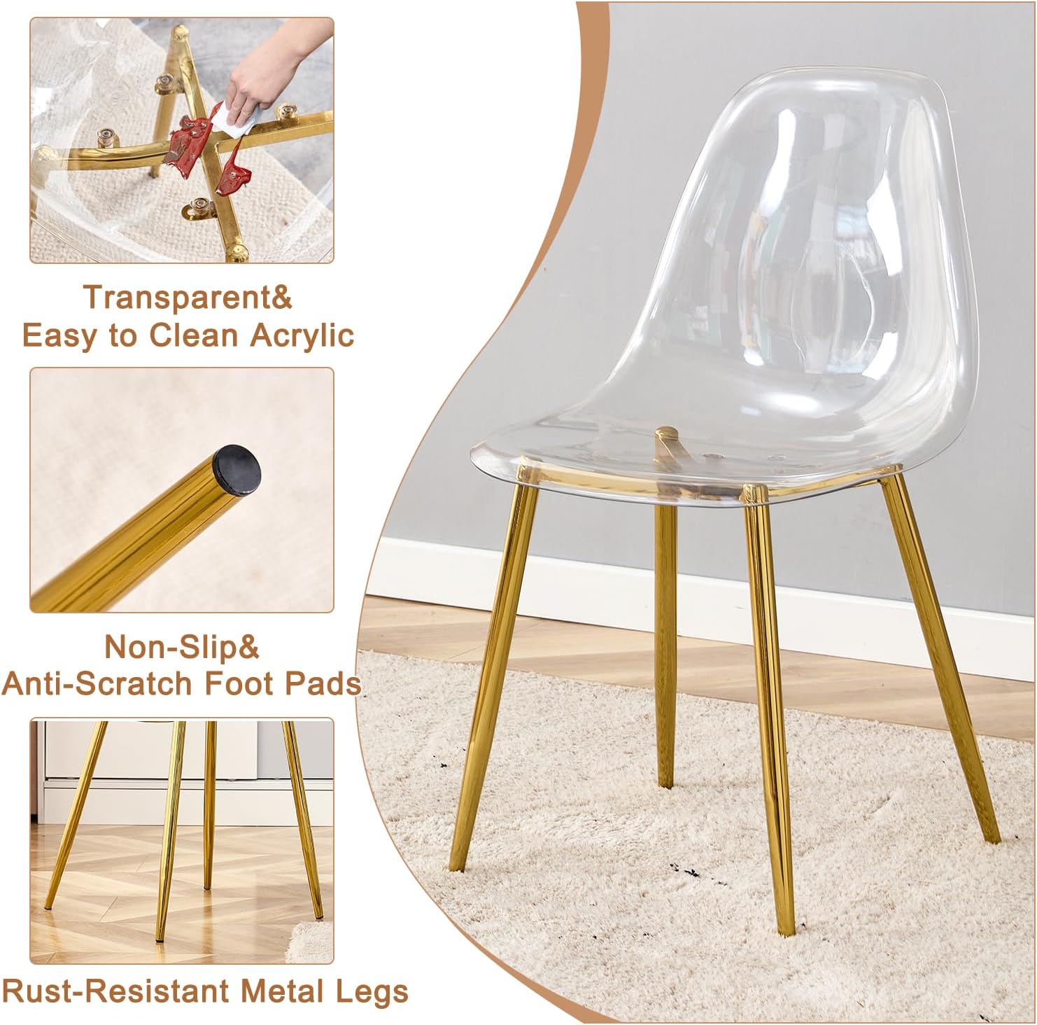 Ebullient Glass Dining Table Set for 6, 51" Clear Tempered Glass Table with Gold Chrome Metal Legs and 6 Transparent Acrylic Chairs, Compact Modern Kitchen Table Set for Small Space Dining Room