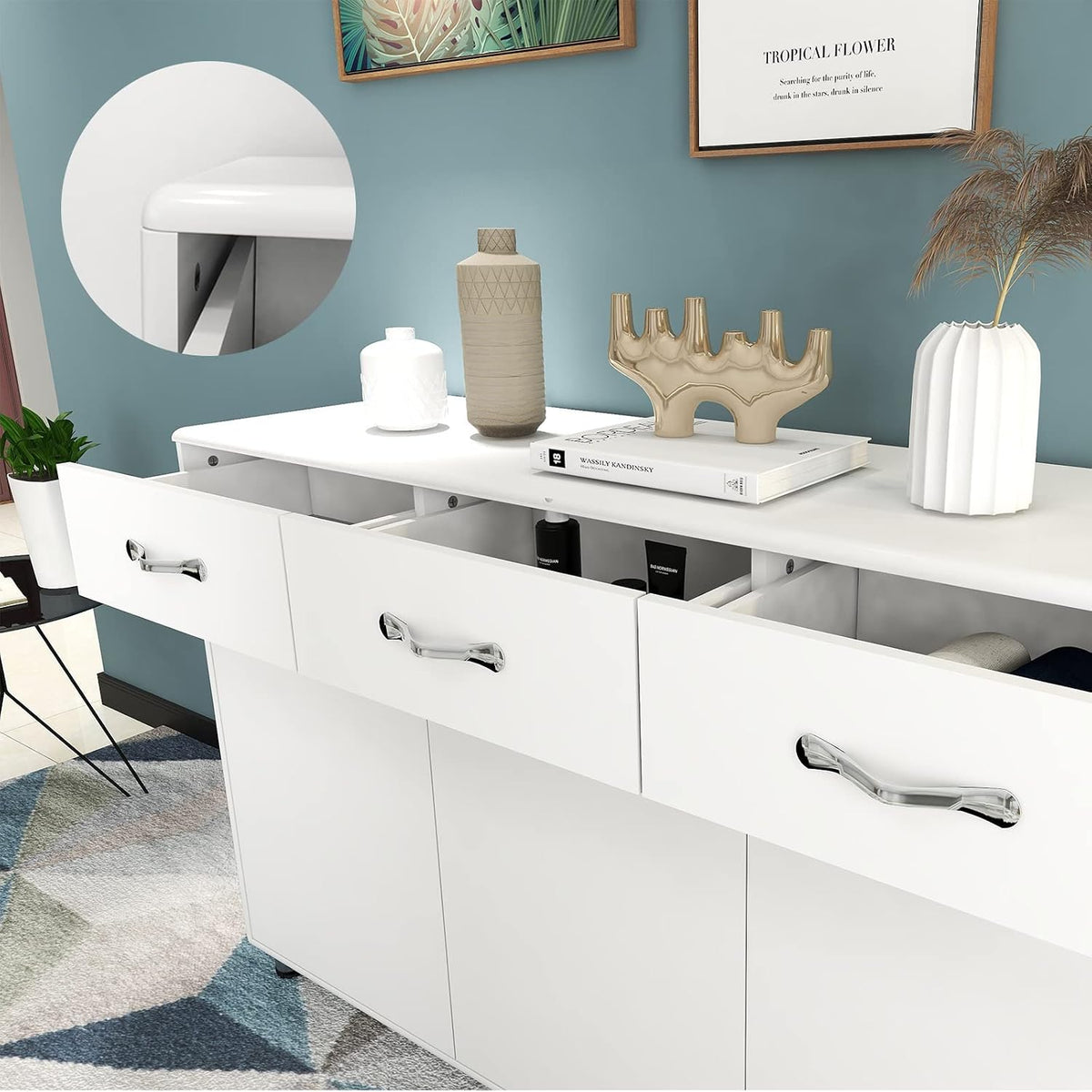 Storage Drawer File Cabinet Side Cabinet Entryway Console Side Tables with Three Drawers and Three Doors for Office or Kitchen Room (Three Doors, White)