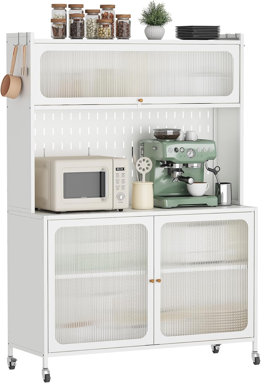 Kitchen Pantry Cabinet Tall Storage Cabinet with Glass Doors & Adjustable Shelves White Modern Cupboard for Kitchen Living Room Dining Room