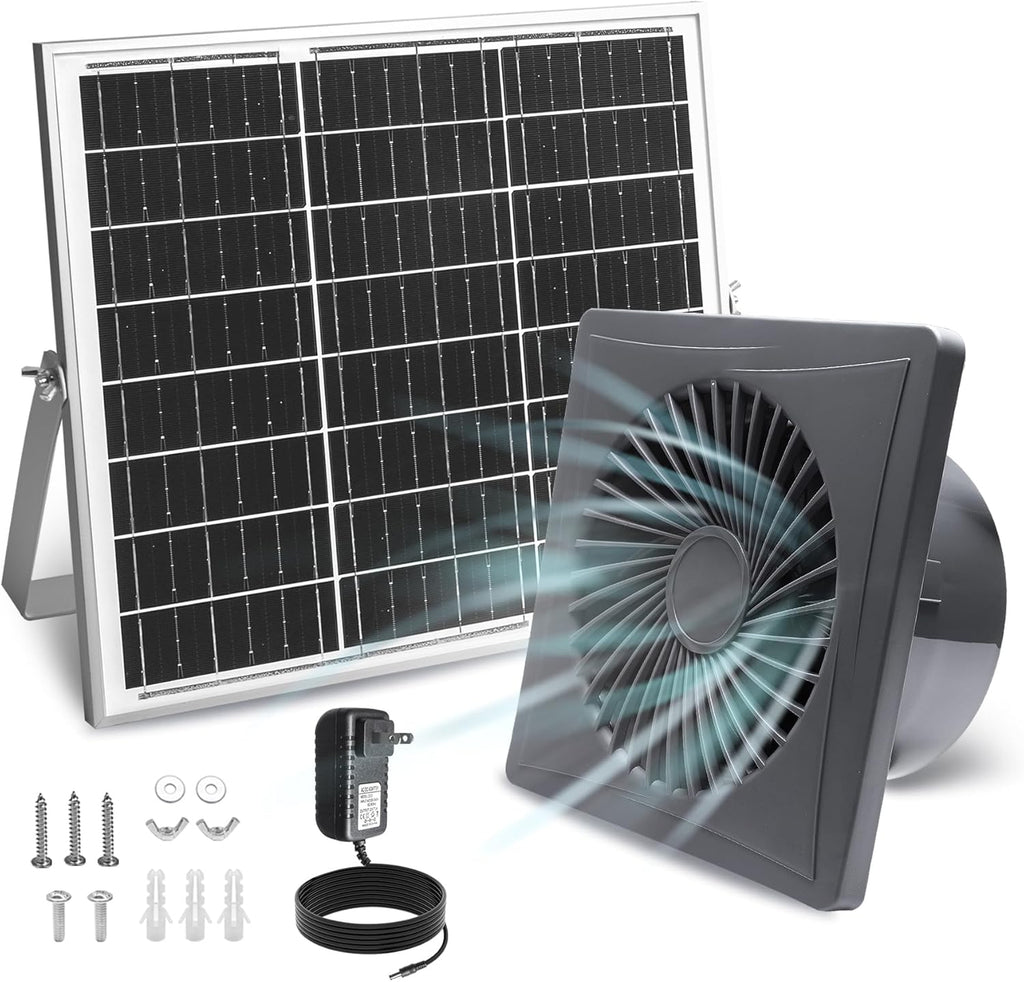 Solar Exhaust Fan, 25W Solar Panel + 8" Ventilation Vent Fan, with Power Adapter, Anti-backflow Valve, High Speed Solar Powered Exhaust Fan with Bracket for Shed, Chicken Coop, Greenhouse, Dog House